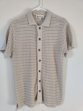 No Boundaries Men's Open-Knit Short Sleeve Polo - Light Beige